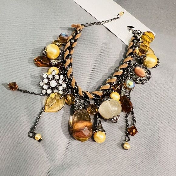 Art Glass Dangle Charm Bracelet Faux Pearl Leather Rhinestone Dangle Earth Tone - Picture 6 of 13